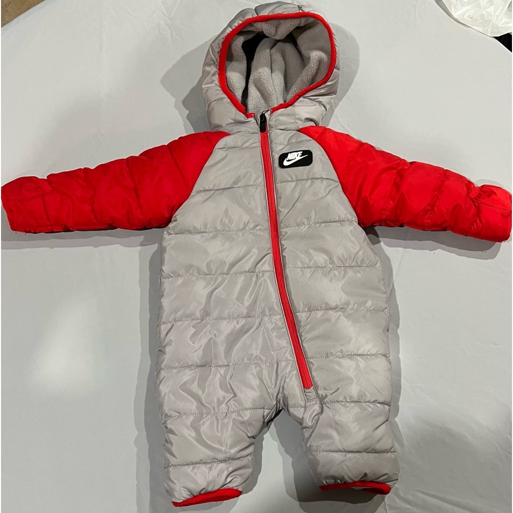 Nike Gray and Red Quilted Baby One-Piece Snowsuit